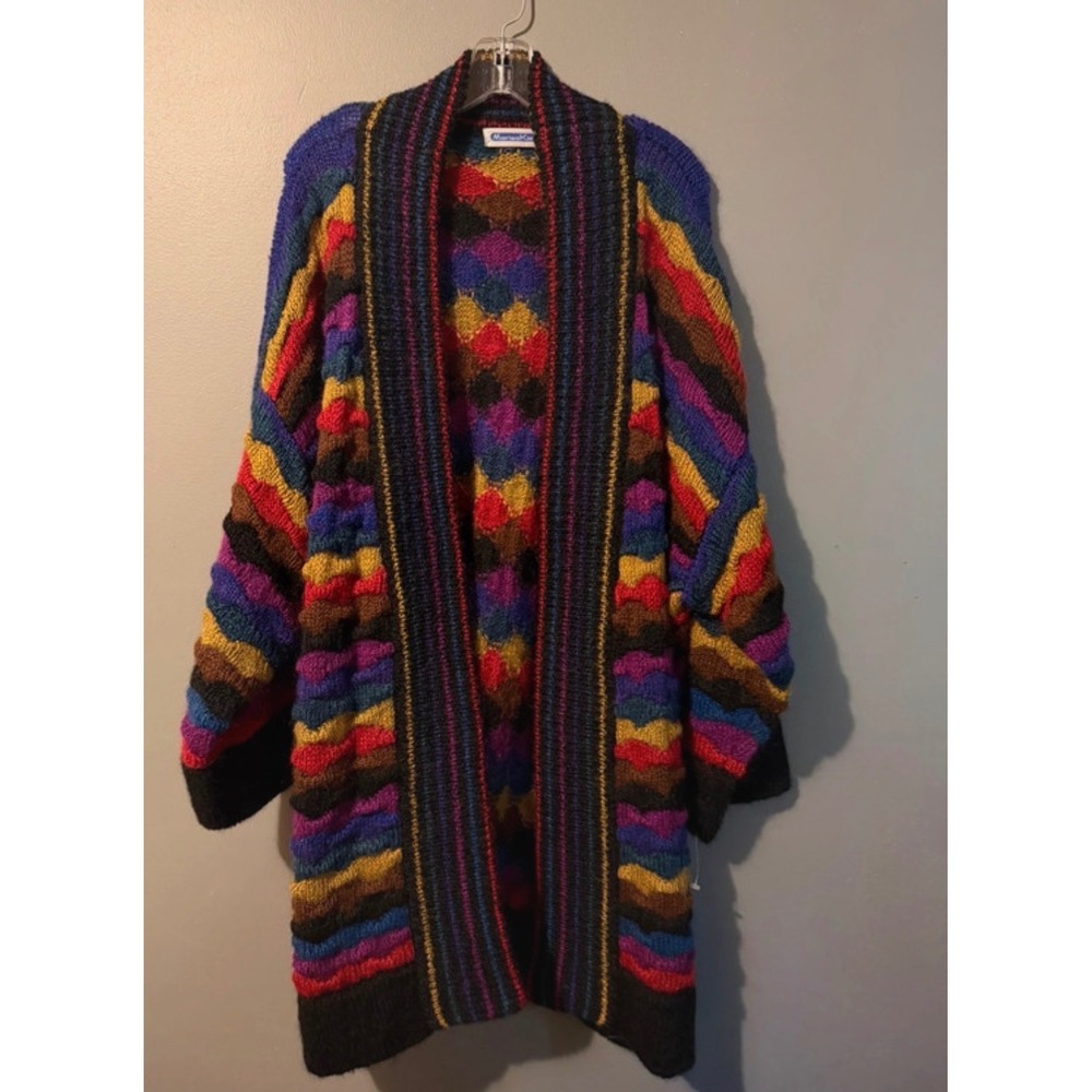 Vintage Mariea Kim Multi Color Chunky Knit Scalloped Duster Cardigan Sweater L